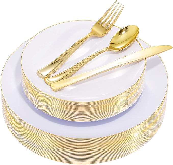 Nervure 125PCS Christmas Plastic Plates - Disposable White and Gold Rim Plates Include 25 Dinner Plate, 25 Salad Plate, 25 Forks, 25 Knives, 25 Spoons for Wedding & Parties & Thanksgiving