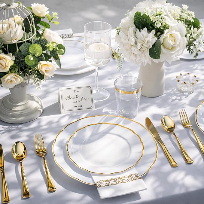 LIYH 350 Pcs White Plates for Wedding Reception Plastic Plates for Party 50 Guest 100 Disposable Plates 150 Gold Plastic Silverware 50 Gold Cups 50 Napkins Perfect for Wedding Birthday