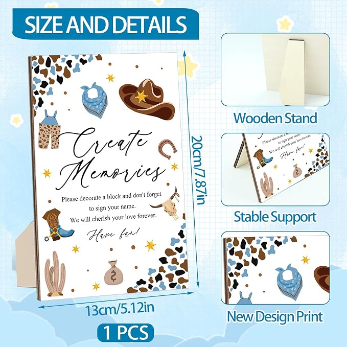 97 Pcs Baby Shower Games Sign Kit,Including Decorate a Block Game Sign 72 DIY Blank Wooden Block 24 Pen to Draw Your Idea for Cowboy Baby Shower Party Game Gender Reveal Party