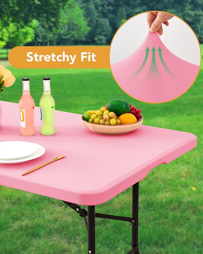 KeyWave Fitted Tablecloth Rectangle Table Cloths - 6 Pack 8 Foot Elastic Stretch Folding Table Top Cover Water-Resistant Reusable for Outdoor Picnic Camping Party Event, Dark Pink, 96" L x 30" W