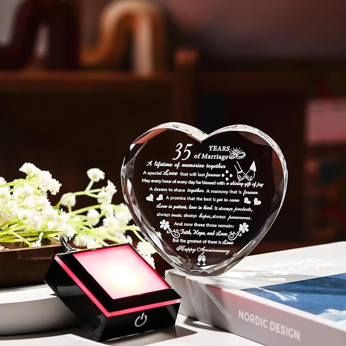 35th Wedding Anniversary Crystal Gifts for Couples Parents with Colorful LED Base, Happy 35th Anniversary Keepsake Gifts for Her Him, Romantic 35 Years of Marriage Heart Gift for Wife Husband