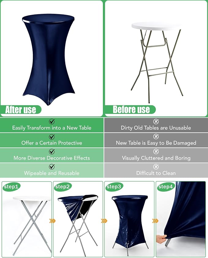 Cocktail High Top Table Covers - 32x43 Inch Fitted Spandex Round Cocktail Tablecloth for Bar Height Standing Table Cloths Reusable, for Party Wedding Banquet Event Decorations, Shiny Navy, 8 Pack