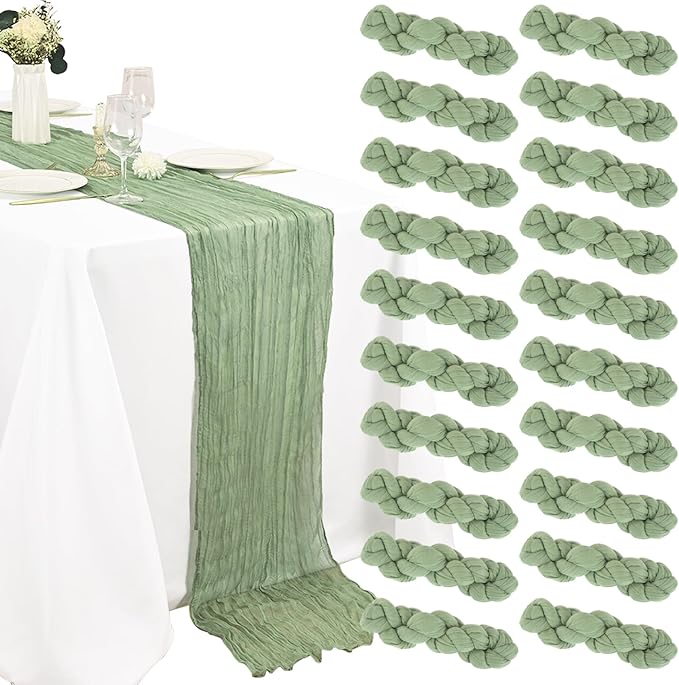 20 Pack Sage Green Cheesecloth Table Runner 10FT Boho Gauze Fabric Cheese Cloth Table Runners for Wedding ,Party,Baby Shower, Bridal Party, Rustic Farmhouse and Table Decorations