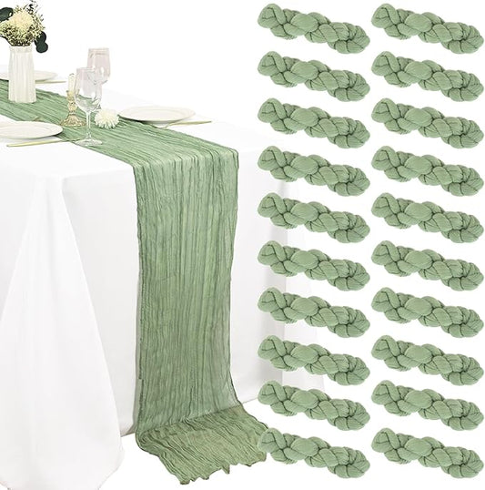 20 Pack Sage Green Cheesecloth Table Runner 10FT Boho Gauze Fabric Cheese Cloth Table Runners for Wedding ,Party,Baby Shower, Bridal Party, Rustic Farmhouse and Table Decorations