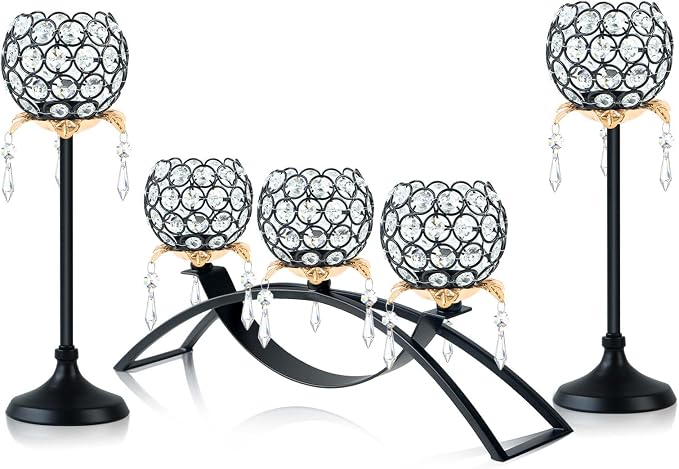 Set of 3 Crystal Tea Light Candlestick Holders Flower Shape with Crystal Pendant Bowl Votive Metal Candle Holder for Table Centerpieces Wedding Home Decor (Black+Gold)