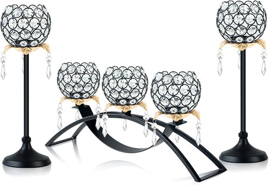 Set of 3 Crystal Tea Light Candlestick Holders Flower Shape with Crystal Pendant Bowl Votive Metal Candle Holder for Table Centerpieces Wedding Home Decor (Black+Gold)