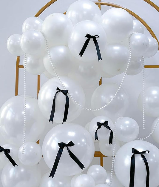 185pcs Double Stuffed Pearl White Balloon Arch Kit with Fake Beads and Black Bows in Different Sizes 18|12|10|5 In White Pearl Balloons for Birtyday Bridal shower Bat Mitzvah Decor