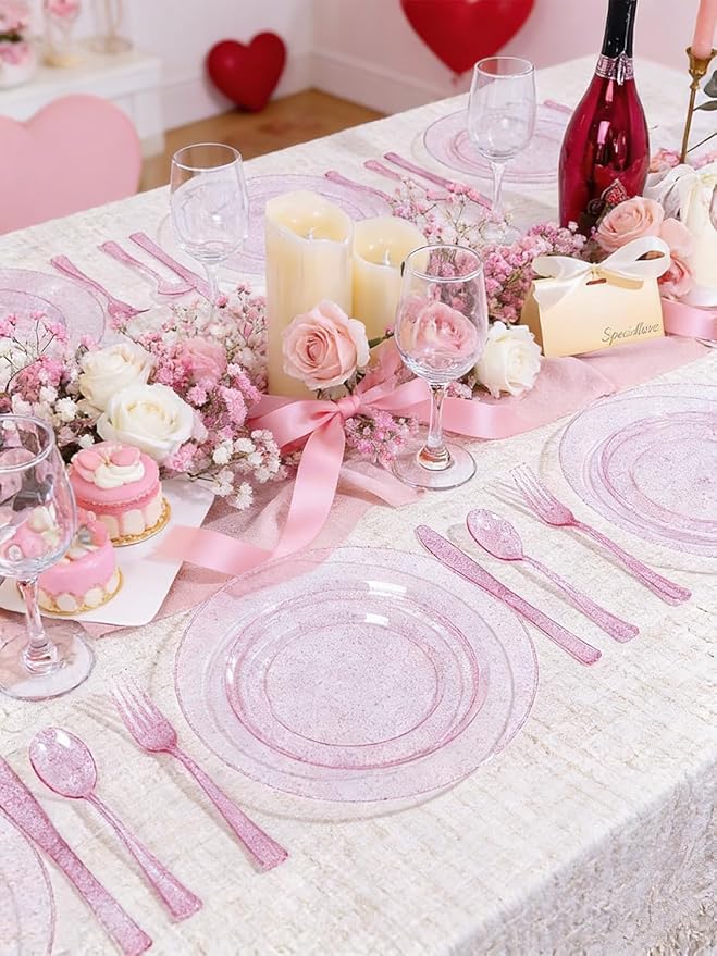 WDF 200PCS Pink Plastic Plates - Rose Gold Glitter Plastic Plates - Heavy Duty Pink Glitter Disposable Plates for Wedding Baby Shower Spring Birthday Mother's Day
