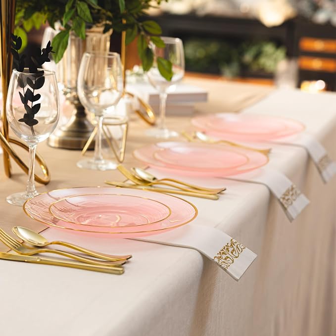N9R 180PCS Pink Plastic Plates with Gold Trim, Disposable Party Dinnerware Set for 30 Guests, Include 30 Dinner & Salad Plates, Napkins, Forks, Spoons, Knives, Perfect for Wedding, Dinner Party