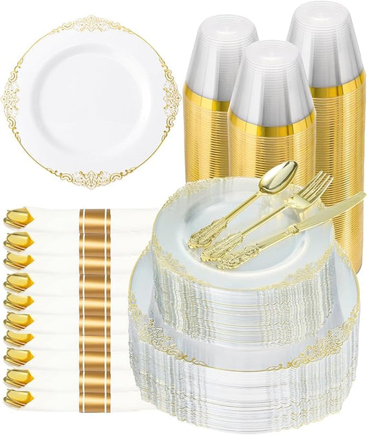 Goodluck 350 Piece Clear Gold Plastic Dinnerware Set for 50 Guests, Fancy Disposable Plates, Include: 100 Gold Rim Plastic Plates, 150 Silverwares, 50 Pre Rolled Napkins, 50 Cups for Party, Wedding