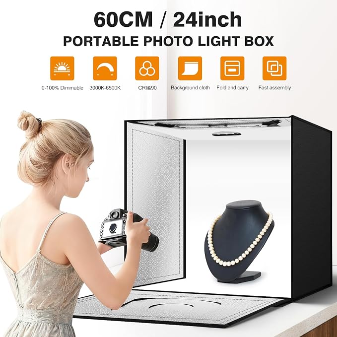 Light Box Photography 24"x24" with 240LED Lights and 4 Color Backdrops Photo Box with Lights, Foldable Light Box with Adjustable Brightness, 3000-6500K Dimmable Portable Picture Box Shooting