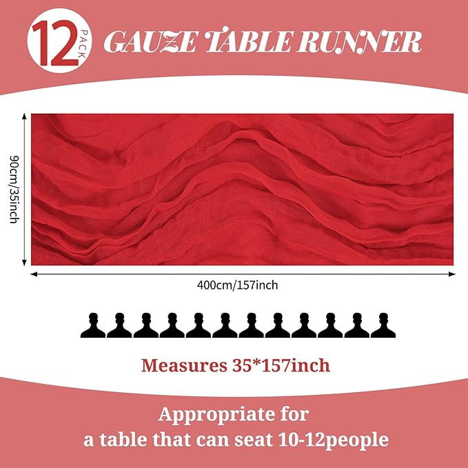 12 Pack 10Ft Red Cheesecloth Table Runner 35 x 120 inch Boho Gauze Cheese Cloth Table Runner Vintage Rustic Sheer Runners for Wedding Bridal Shower Birthday Party Cake Table Decorations
