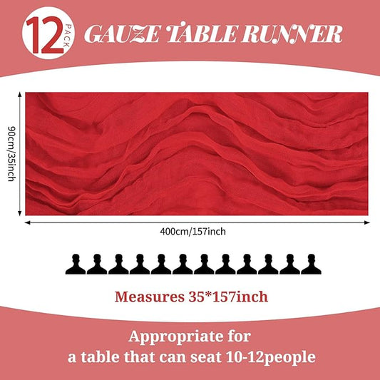 12 Pack 10Ft Red Cheesecloth Table Runner 35 x 120 inch Boho Gauze Cheese Cloth Table Runner Vintage Rustic Sheer Runners for Wedding Bridal Shower Birthday Party Cake Table Decorations