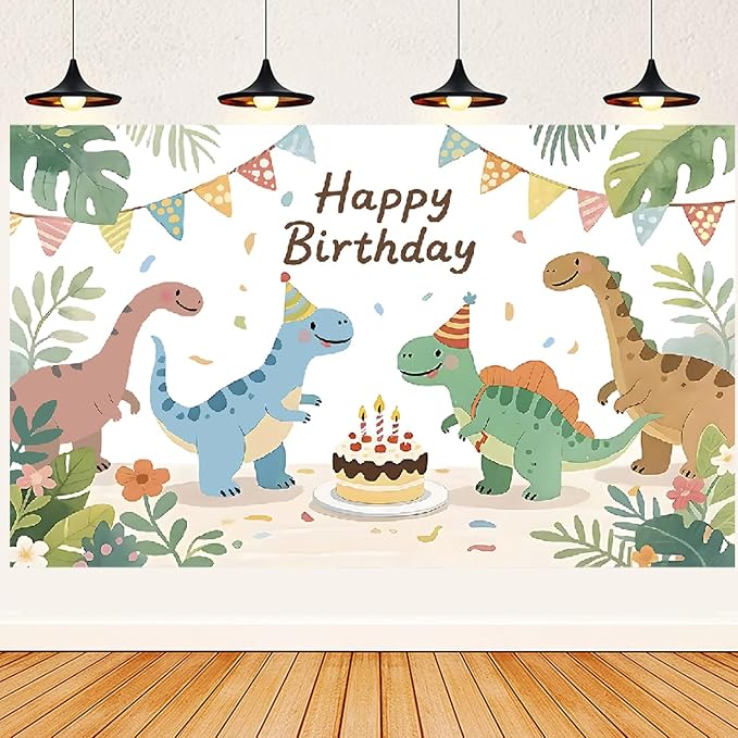 Cartoon Dinosaur Themed Happy Birthday Party Decorations, Plates Napkins Cups Tableware, Dino Backdrop Tablecloth, Happy Birthday Banner, Cake Topper, Colorful Printed Balloons for Kids Adults