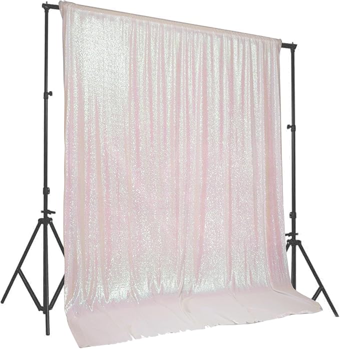 PartyDelight Iridescent White Sequin Backdrop 10x10ft 4 Inch Rod Pocket | Iridescent white 3mm sequins show pink and purple tones under light on mesh backing for photos arches stages and party walls