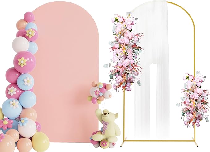 Putros Arch Backdrop Stand and Cover Set, 7.2ft, Gold Arch Stand with Pale Pink Cover, Metal Arched Background Frame for Wedding, Birthday Party, Baby Shower, Photography Decoration
