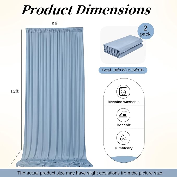 10ft x 15ft Dusty Blue Backdrop Curtains for Wedding Parties, 2 Panels Extra Long Wrinkle Free Fabric Drapes Photo Backdrop for Baby Shower Birthday Stage Reception Lobby Decoration