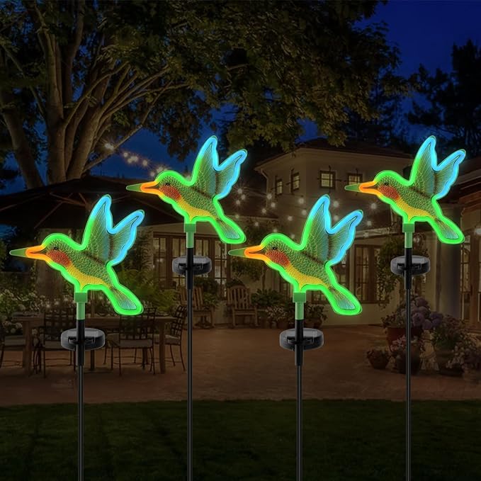 Solar Hummingbird Garden Lights 2 Pack, Colorful Neon Glow LED Solar Stake Lights, Waterproof Outdoor Decorative Landscape Lighting for Yard, Patio, Gifts for Mom