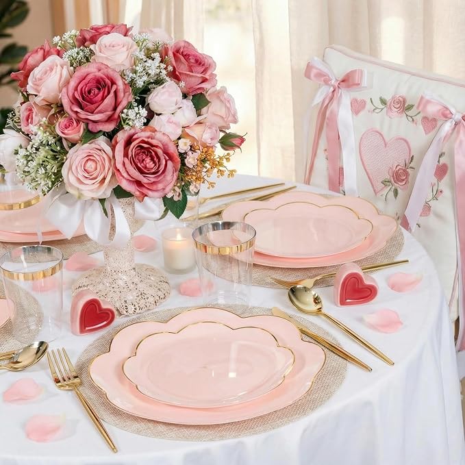 ejonirinjonir EI 180pcs Pink Plastic Plates with Gold Plastic Silverware,Party Plates Disposable,Pink Dinnerware Set for Afternoon Tea,Wedding,Birthday,Easter,Spring,Mother's Day,Valentine's Day