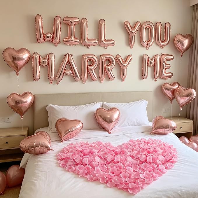 2 Set Rose Gold WILL YOU MARRY ME Balloons - 28pcs 16" Letter Balloons 10pcs 18" Heart Balloons 1200pcs Rose Gold Artificial Rose Petals Alphabet Foil Mylar Balloons for Valentines Day Decorations