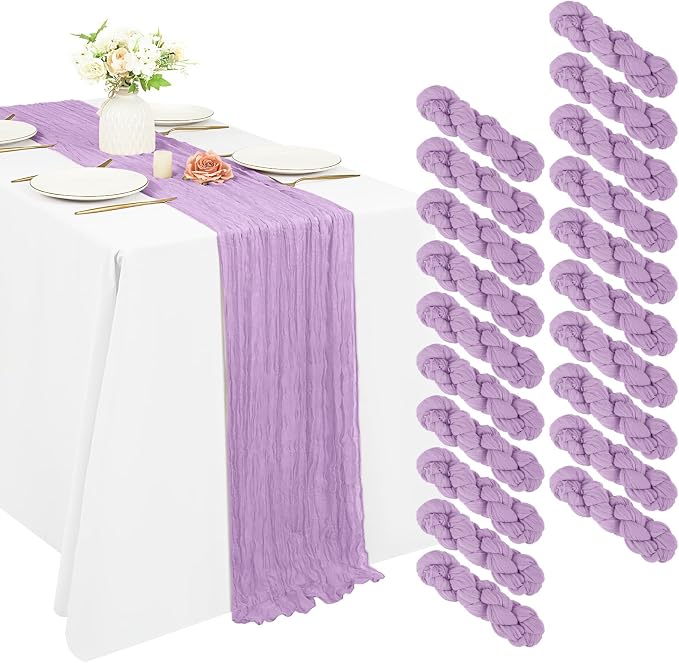 20 Pack Cheesecloth Table Runner 17 x 108 inch Long Boho Gauze Table Runners Semi Sheer Table Runner for Wedding Decor, Baby Shower, Birthday Party, Banquet (Lavender)
