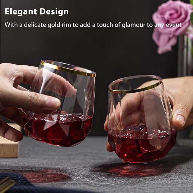 Oojami 40 Pack Disposable Plastic Wine Glasses 12oz Gold Rim - Diamond Stemless Cups for Champagne Whiskey Cocktail Unbreakable Shatterproof BPA-Free Reusable Recyclable for Wedding Birthday Party