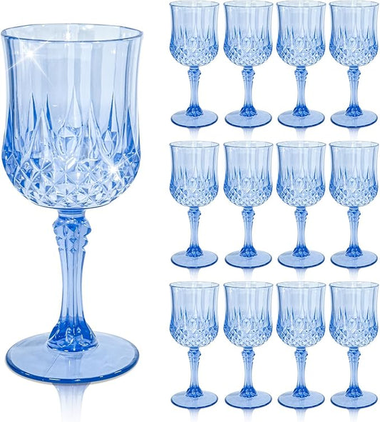 CHLJAR 7oz Plastic Vintage Drinking Glasses Wine Glasses Vintage Champagne Flutes Unbreakable Wedding Glassware Crystal Water Goblets Reusable Drinkware (Blue, 12 PCS)