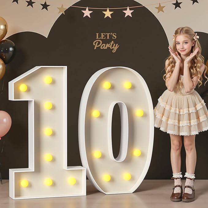 Mixifox 10 Light up Numbers 3 Feet Tall, 10 Marquee Numbers for Party, 10th Birthday Decorations, Big 10 Sign with Light for Anniversary, Birthday Backdrop Decor