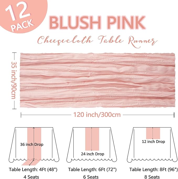 12 Pack Blush Pink Table Runner Cheesecloth 10Ft Spring Gauze Cheese Cloth Table Runner 35x120 Inch Boho Sheer Rustic Fabric for Holiday Party Decor Baby Shower Wedding Decorations
