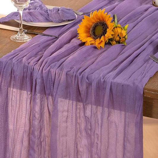 DeZerlor Lavender Purple Cheesecloth Table Runner Spring Easter Table Runner Boho Gauze 120 Inches Cheese Cloth Table Decor for Wedding Bridal Baby Shower Parties