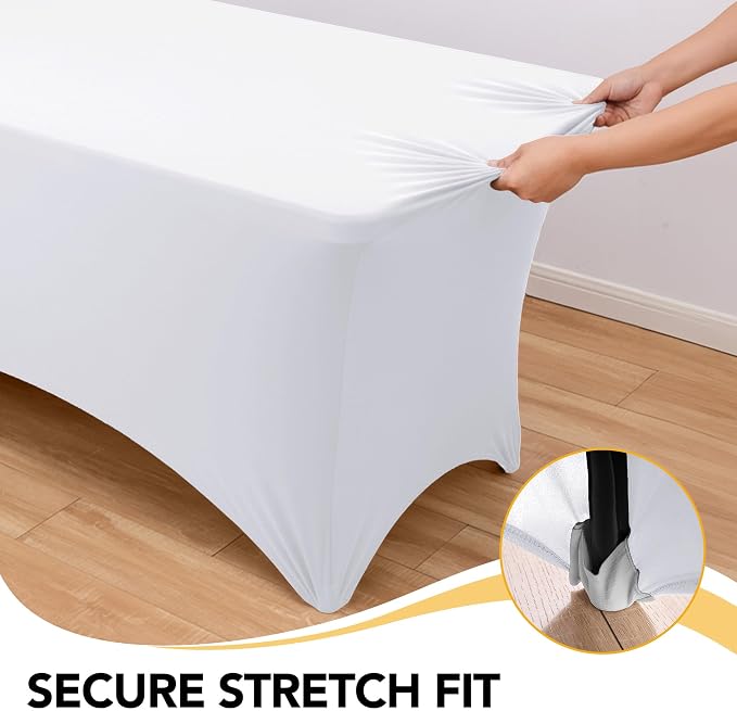 6-Pack Premium White Spandex Tablecloths for 6ft Rectangle Tables, Stain & Wrinkle-Resistant, Washable Stretch Polyester Fitted Table Cover for Weddings, Banquets, Trade Shows Events