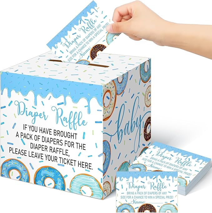 Teling 51 Pieces Diaper Raffle Tickets with Card Box Baby Shower Decorations Gender Reveal Holder Box for Girl Boy Diaper Raffle Party (Baby Boy Sprinkle)