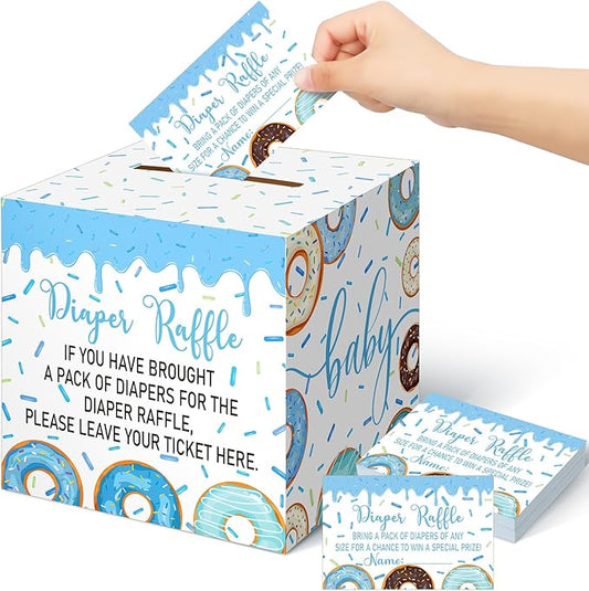 Teling 51 Pieces Diaper Raffle Tickets with Card Box Baby Shower Decorations Gender Reveal Holder Box for Girl Boy Diaper Raffle Party (Baby Boy Sprinkle)