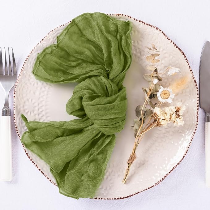 DeZerlor 12 Pack Olive Green Cheesecloth Napkins Spring Cloth Napkins Set of 12 Olive Dinner Napkins Bulk 21x21 Inches for Wedding Bridal Shower Baby Shower Parties