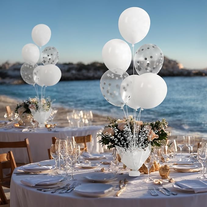6 Set White Table Balloons Centerpiece with White and Confetti Balloons Stand Kit for Birthday Party Baby Shower Wedding Bridal Shower Prom Cake Table Decorations