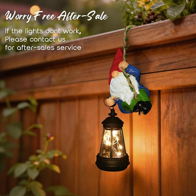 Solar Hanging Gnome Garden Statues Climbing Rope Gnome with LED Lantern Outdoor Decor Tree Hugger Yard Porch Wall Fence Decoration Mother's Day Birthday Gifts for Mom Women, Red Hat