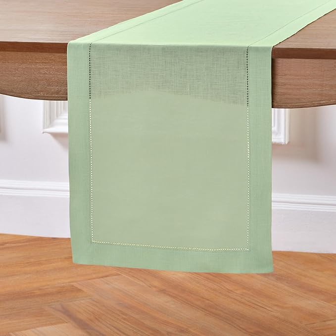 Solino Home Linen Table Runner 90 Inches Long - 100% Pure Linen Light Green Table Runner 14 x 90 Inch for Spring, Summer, Mothers Day - Classic Hemstitch