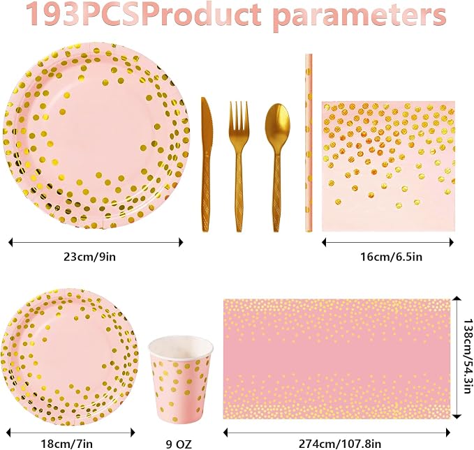 Nkaiso Paper Plates and Napkins Set, 193 Pieces Pink Gold Party Supplies Includes Paper Plates Cups Napkins Straws and Cutlery for Birthday Wedding Holidays Parties Decorations-24 Guests