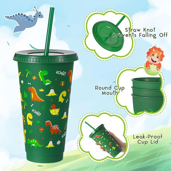 Uiifan 12 Pcs Plastic Dinosaur Cups for Kids 24oz Reusable Dino Tumbler with Lid and Straw Dino Party Favors Drinking Cups for Kids Boy Baby Shower Birthday Supplies Dinosaur Gifts