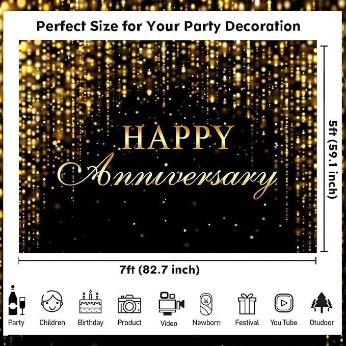 Sensfun Happy Anniversary Backdrop Banner Black Gold Glitter Cheers to Marriage Wedding Party Decorations Shining Flowing We Still Do Anniversary Sign Photography Background Photo Booth Props 7x5ft