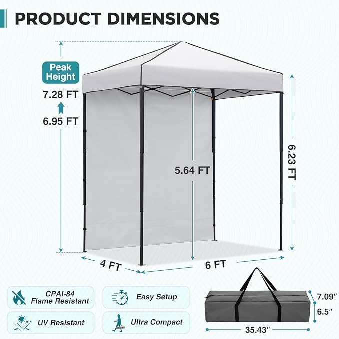EAGLE PEAK 6x4 Instant Pop Up Canopy Tent with 1 Side Wall Panel, Straight Leg Sun Shelter, Portable Canopy with Carry Bag for Camping, Beach & Sports, White