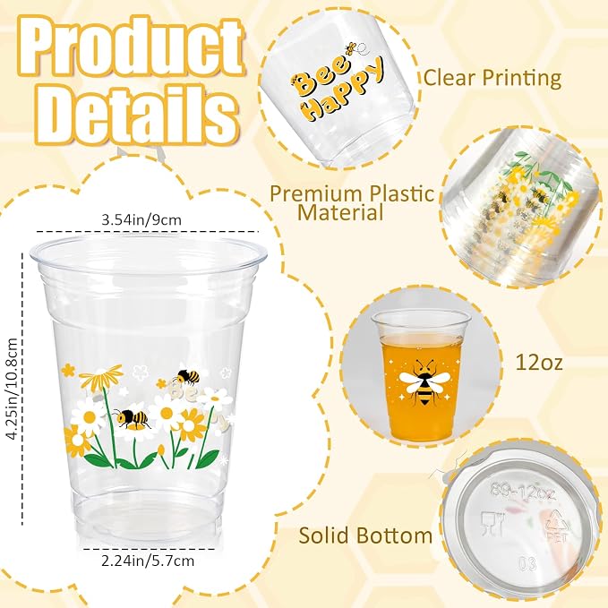 50 Pcs Honey Bee Party Decoration Cups, 12 oz Clear Disposable Drinking Honey Cups, First Bee Day Theme Summer Party Decorations Favors for Home, Kitchen, Baby Shower