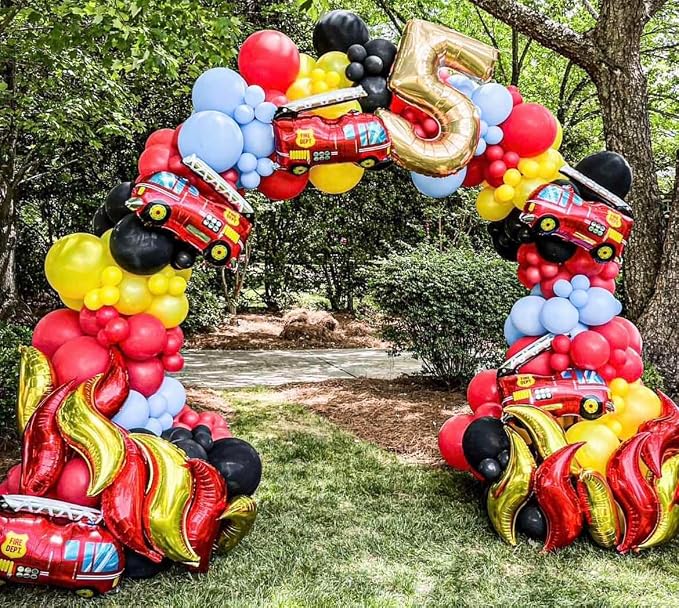 Fire Balloon Garland Arch Kit, 144pcs Red Yellow Chrome Gold Balloons with Fire Truck Foil Balloons for Fireman Party Supplies Birthday Firefighter Rescue Themed Party Decoration (Fire)