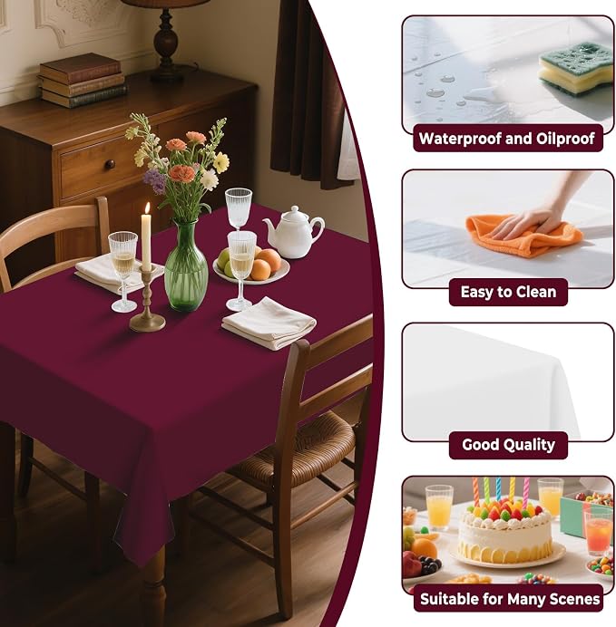 54IN X 320FT Plastic Table Cover Roll with Cutter Box, Cut to Size Plastic Table Cloths for Parties, Birthday, Disposable Tablecloth Roll for All Shape Tables (Burgundy, 54 Inch X 320 Feet)