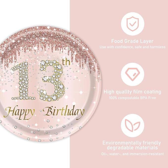 121Pcs 13th Birthday Party Supplies Plates Napkins Cups Forks Tablecloth Rose Gold Happy 13th Birthday Themed Disposable Tableware Decorations Serves 24 Guests for Girls Her 13 Years