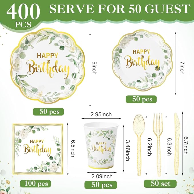 Pickmesh 400 Pcs Sage Green Birthday Plates and Napkins Set, Paper Plates and Cups with Plastic Cutlery, Disposable Tableware for Birthday Party and Celebrations