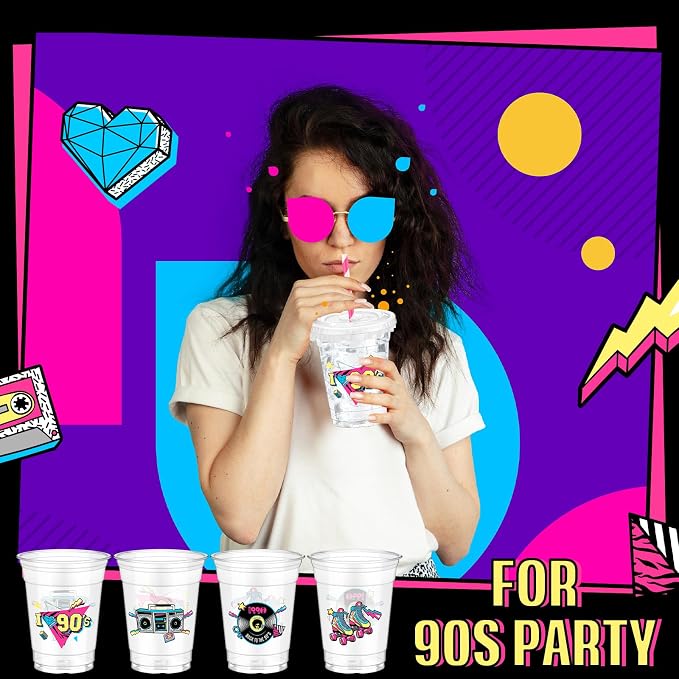 FoldTier 50 Pcs 90s Theme Party Decoration 90s Cups Disposable Plastic Cup 12 oz Go Back to Mug Thick Clear Mug with Lid Straw for Retro Music Supplies Dance Birthday Party