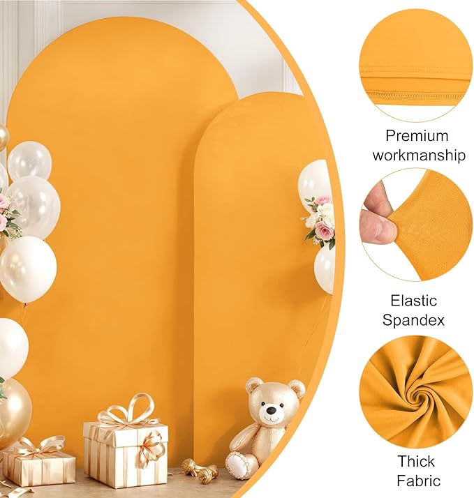 Set of 2 Gold Wedding Arch Stand Cover Round Top Spandex Fitted Arch Cover for Baptism Birthday Party Baby Shower Wedding Arch Stand Decoration（7.2FT, 6.6FT）