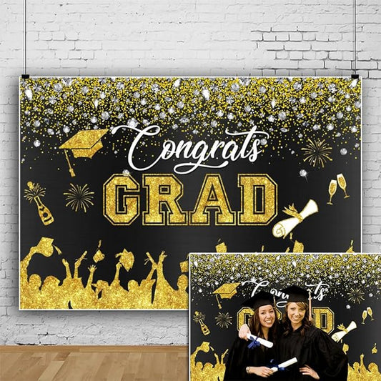 Leowefowa Congrats Grad Backdrop 10x8ft Black Gold Glitter Graduation Backdrops for Photography Congratulations Graduates Backdrop Banner Grad Prom Party Decor Grad Photo Booth Props