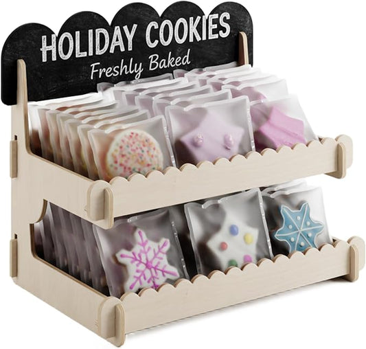 HOTCAN Cookie Display Stand for Bakers & Vendors - Wooden Cookie Stand with Chalkboard Sign for Market Booths, Craft Fairs & Events - Tiered Cookie Display for Cupcakes, Muffins & Pastries (Natural，2 Tire)